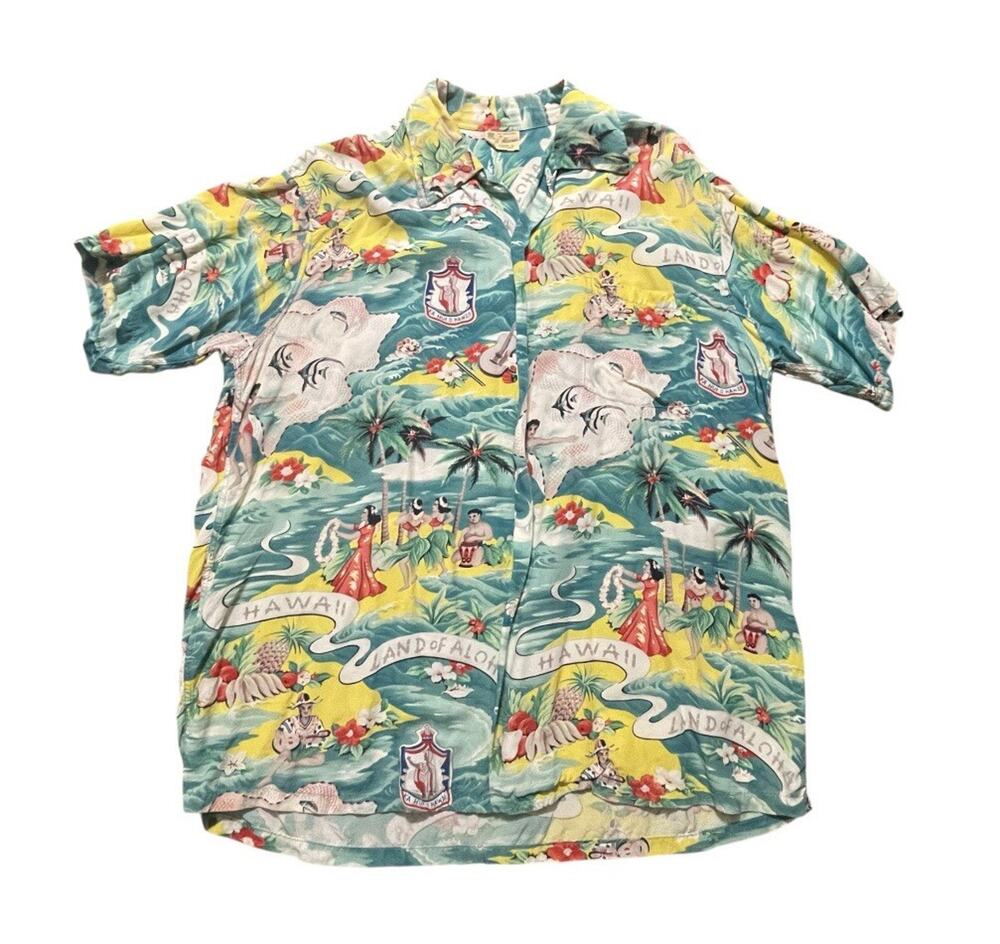 VTG Hale Hawaii Shirt Mens Green Yellow Medium Land Of Aloha Hawaiian Hula 1950s